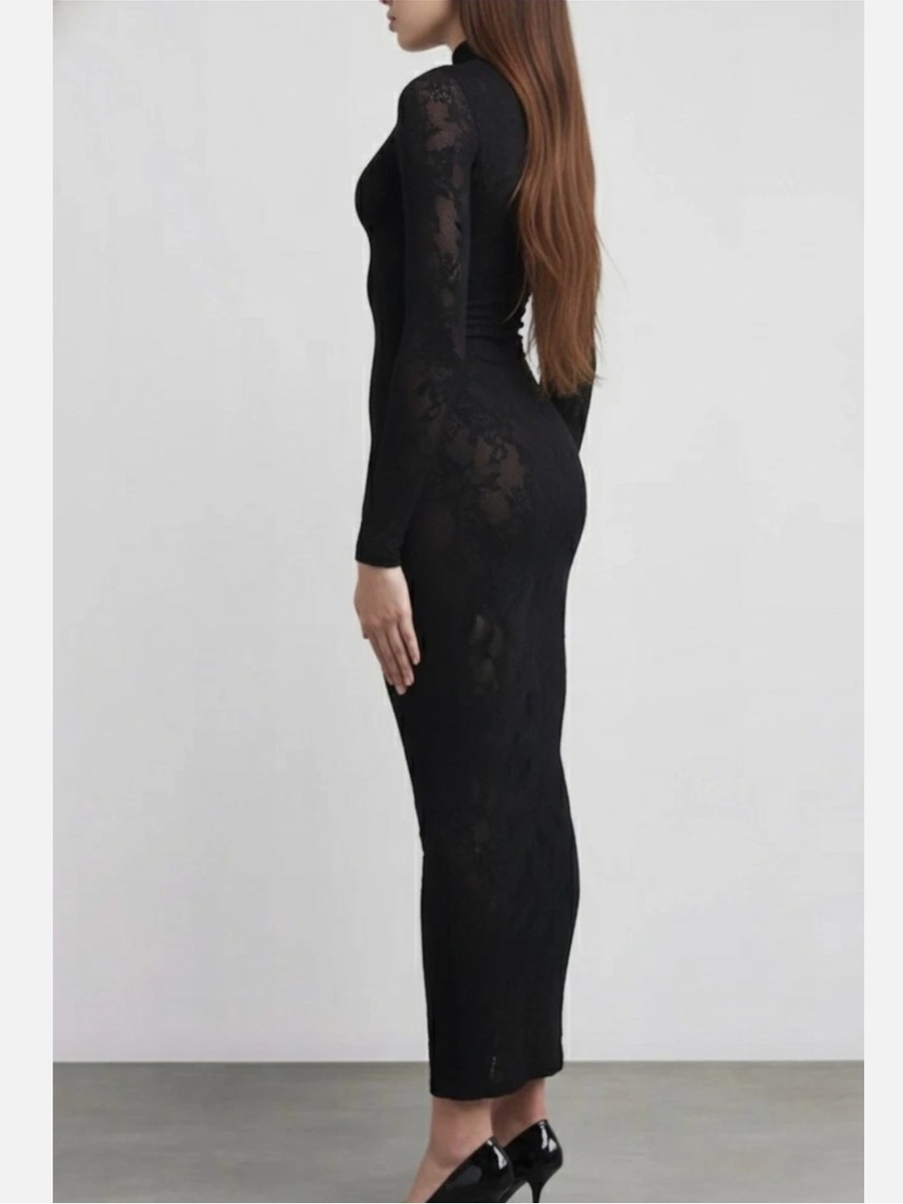 SKIMS *NWT KNIT LACE MOCK NECK LONG DRESS | COLOR: OBSIDIAN | SIZE: LXL - Picture 3 of 11